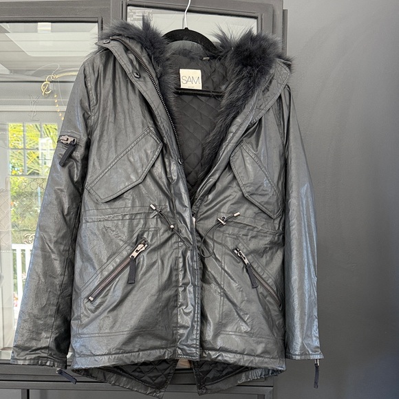 SAM. Women's black Utility Jacket with removable Fox Fur Trim.